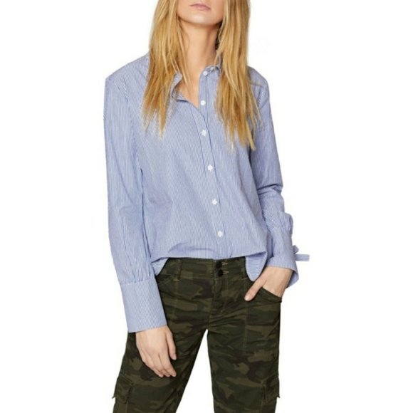 🎈 Sanctuary Lace Up Back Sz S Striped Button Down Shirt Top Blouse White Blue - Picture 7 of 14